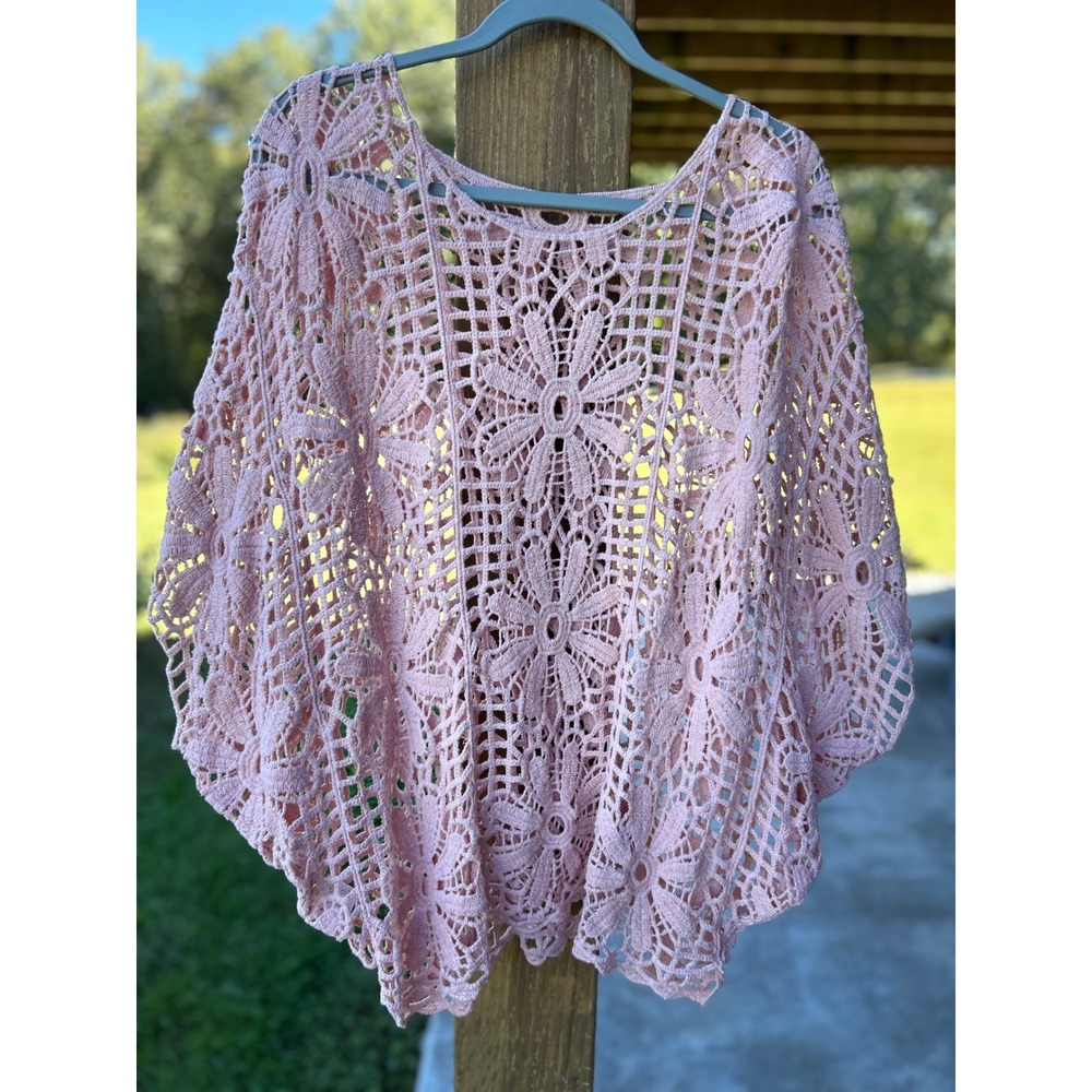 Dusty Rose Mauve Pink Crochet Floral Lace Poncho Top One Size Boho Cottagecore - Picture 9 of 9